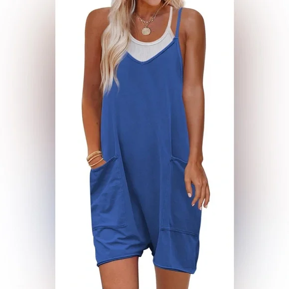 ๐๐ Loose Overalls V Neck Sleeveless Romper Spaghetti Strap Jumpsuit ๐๐ - Picture 1 of 2
